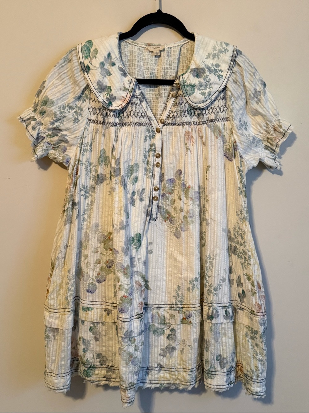 Pilcro Anthropologie Floral Babydoll Mini Dress Peter Pan Collar Pockets Medium - Picture 2 of 6
